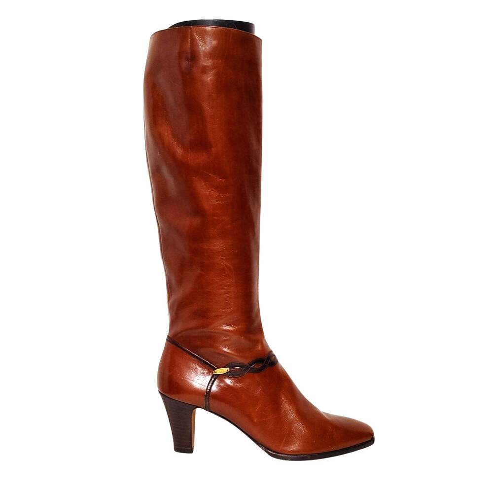 Salvatore Ferragamo Womens Knee High Boots Brown Leather Italy Size 7.5 AA Slim